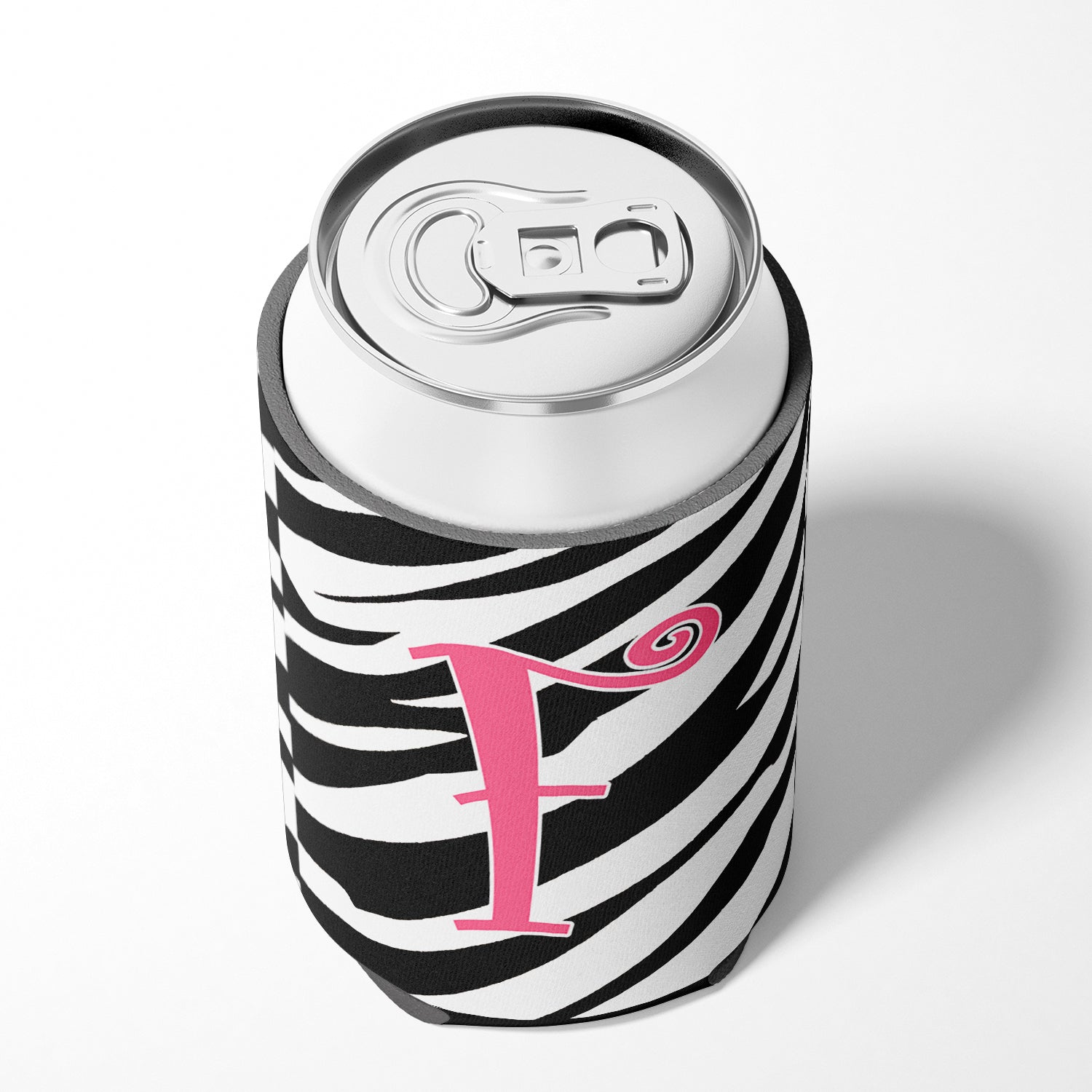 Letter F Initial Monogram - Zebra Stripe and Pink Can or Bottle Beverage Insulator Hugger.