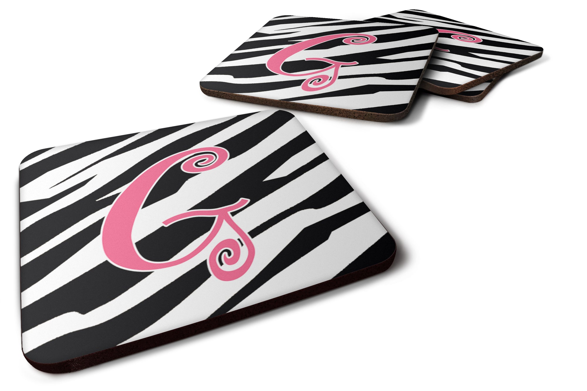 Set of 4 Monogram - Zebra Stripe and Pink Foam Coasters Initial Letter G - the-store.com