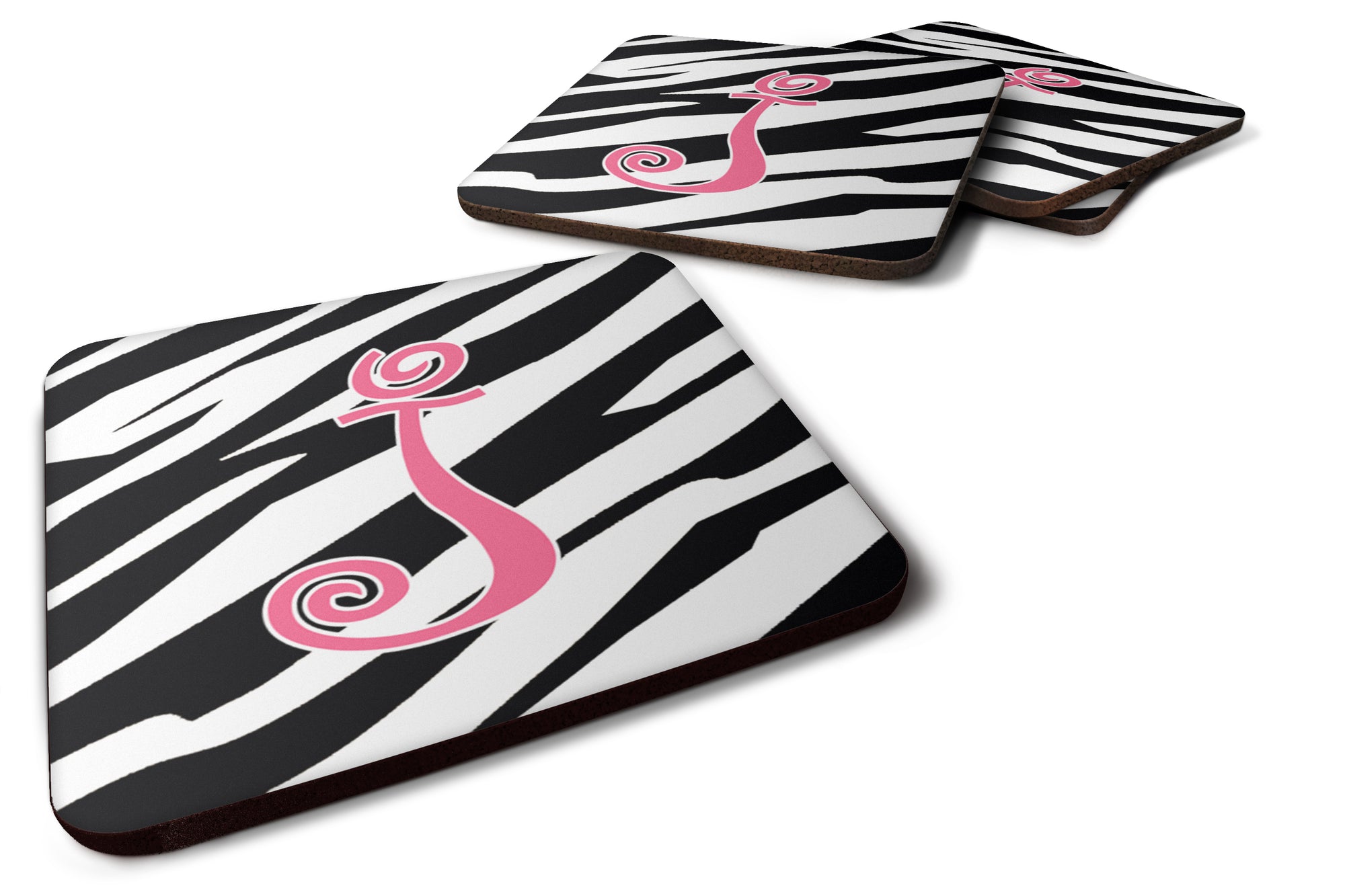 Set of 4 Monogram - Zebra Stripe and Pink Foam Coasters Initial Letter J - the-store.com