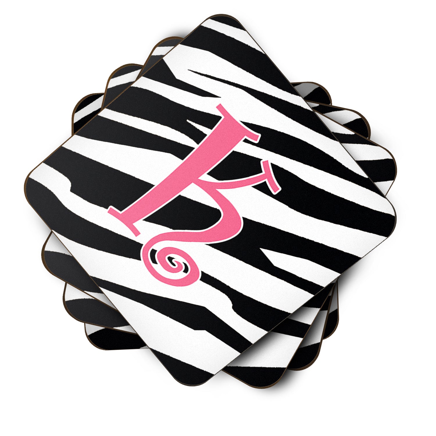 Set of 4 Monogram - Zebra Stripe and Pink Foam Coasters Initial Letter K - the-store.com