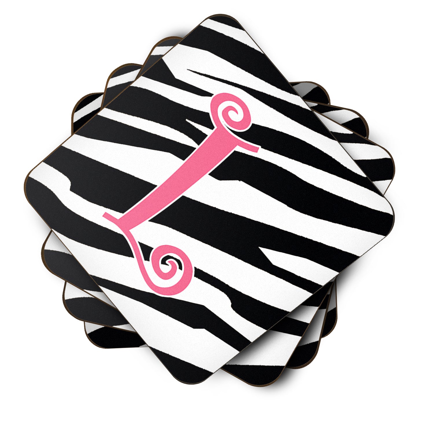 Set of 4 Monogram - Zebra Stripe and Pink Foam Coasters Initial Letter L - the-store.com