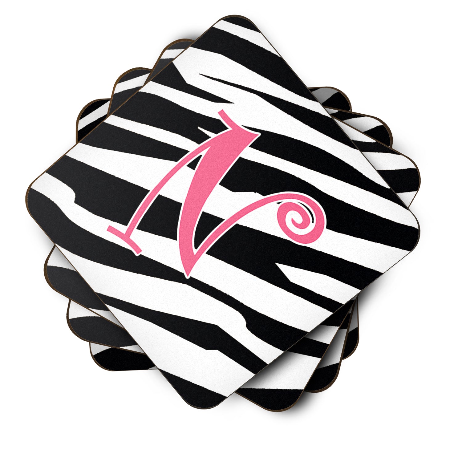 Set of 4 Monogram - Zebra Stripe and Pink Foam Coasters Initial Letter N - the-store.com