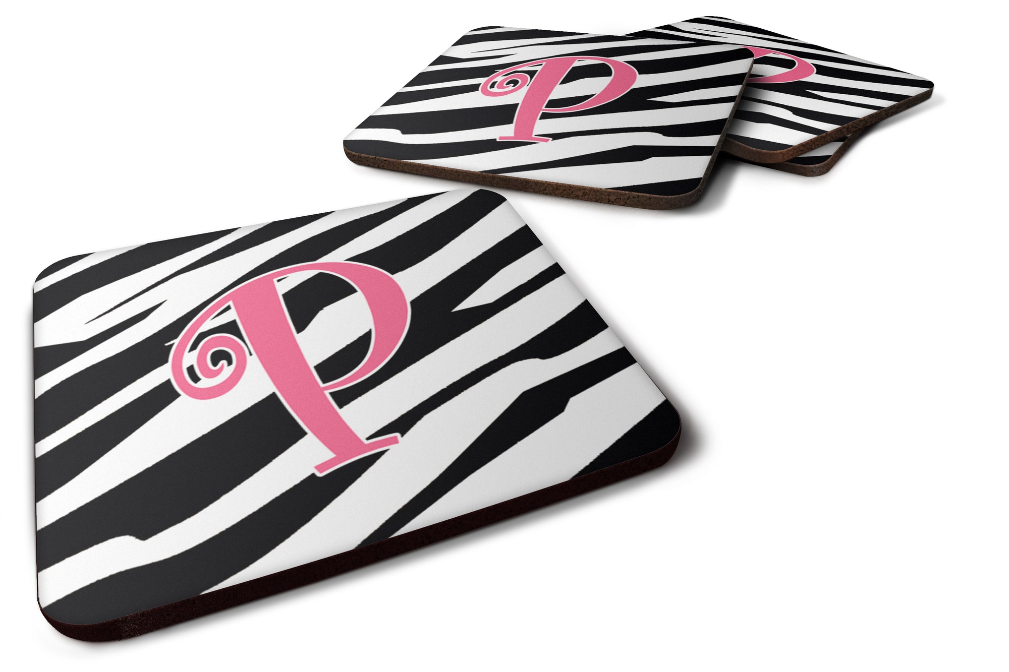 Set of 4 Monogram - Zebra Stripe and Pink Foam Coasters Initial Letter P - the-store.com