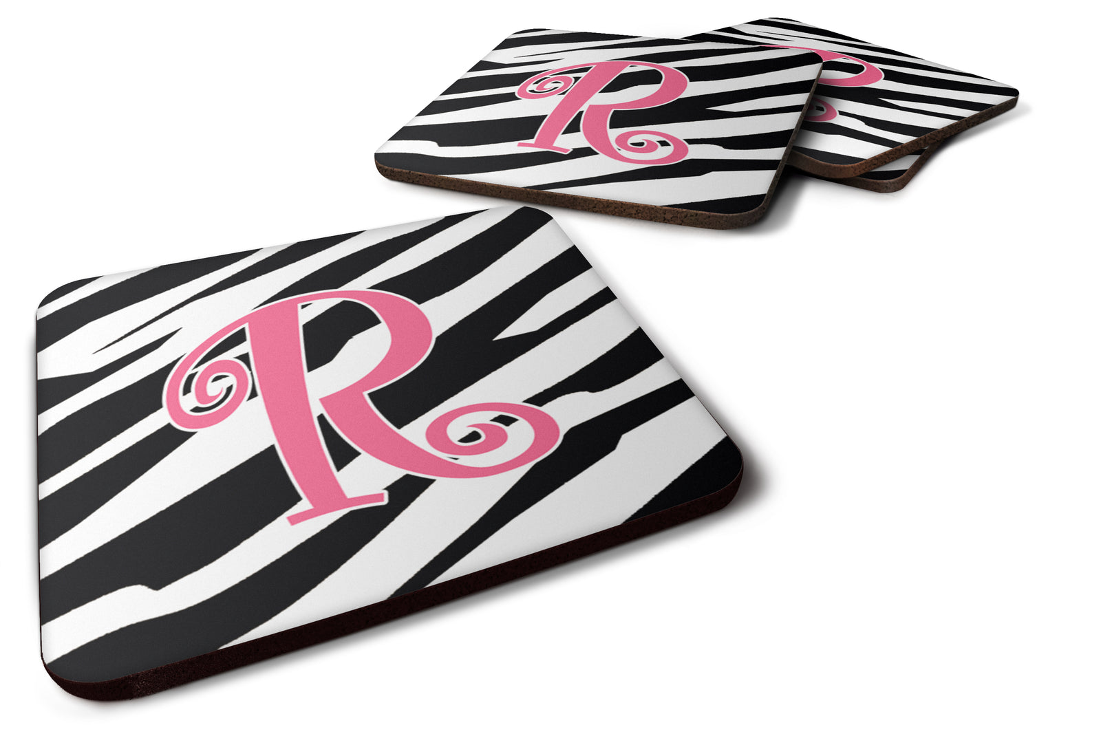 Set of 4 Monogram - Zebra Stripe and Pink Foam Coasters Initial Letter R - the-store.com