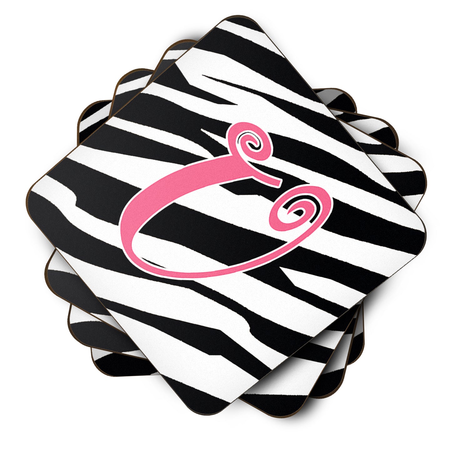 Set of 4 Monogram - Zebra Stripe and Pink Foam Coasters Initial Letter U - the-store.com