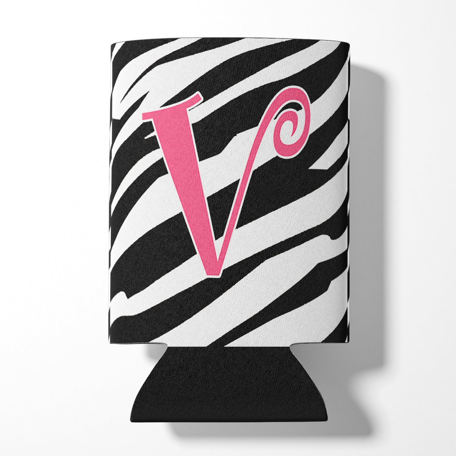 Letter V Initial Monogram - Zebra Stripe and Pink Can or Bottle Beverage Insulator Hugger.