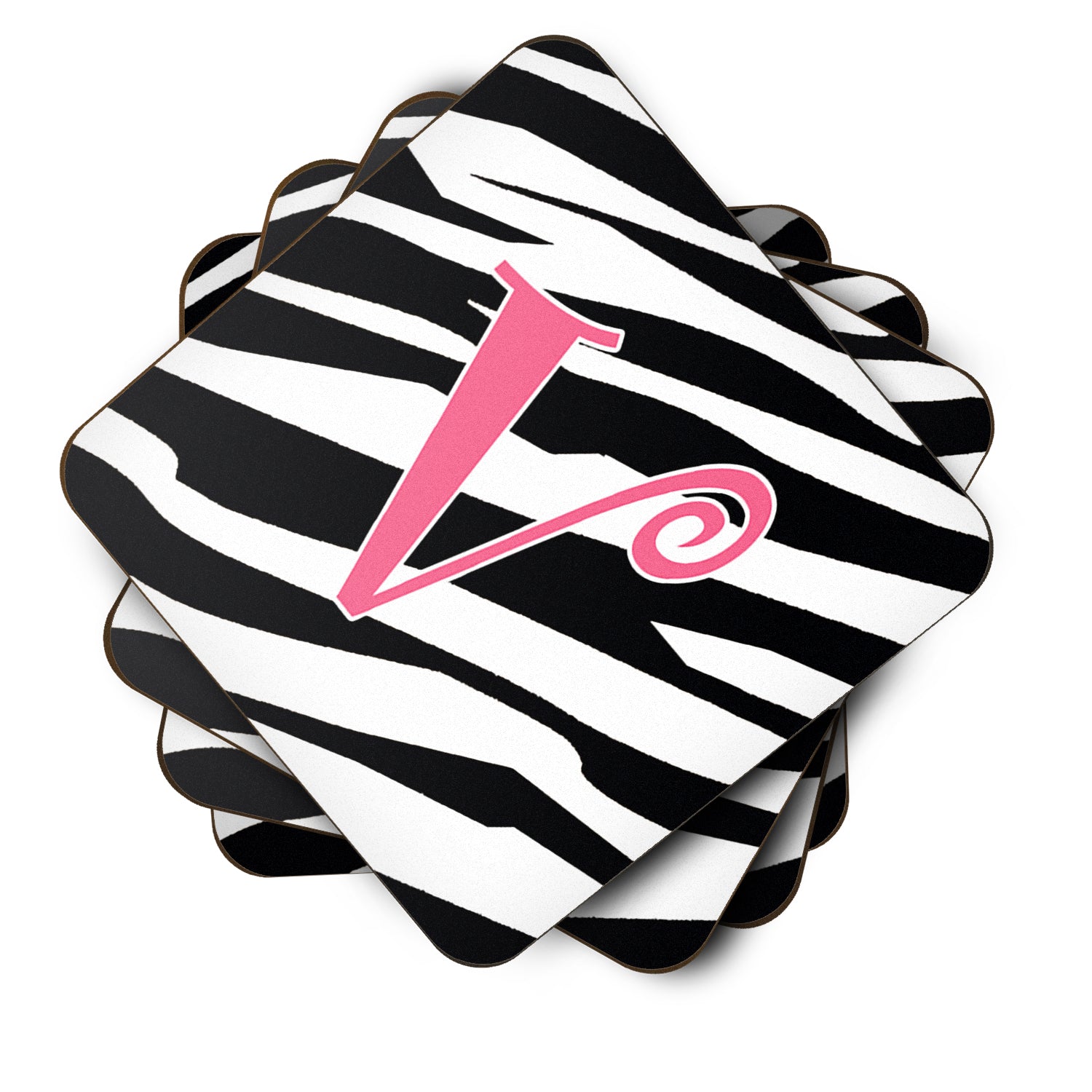 Set of 4 Monogram - Zebra Stripe and Pink Foam Coasters Initial Letter V - the-store.com