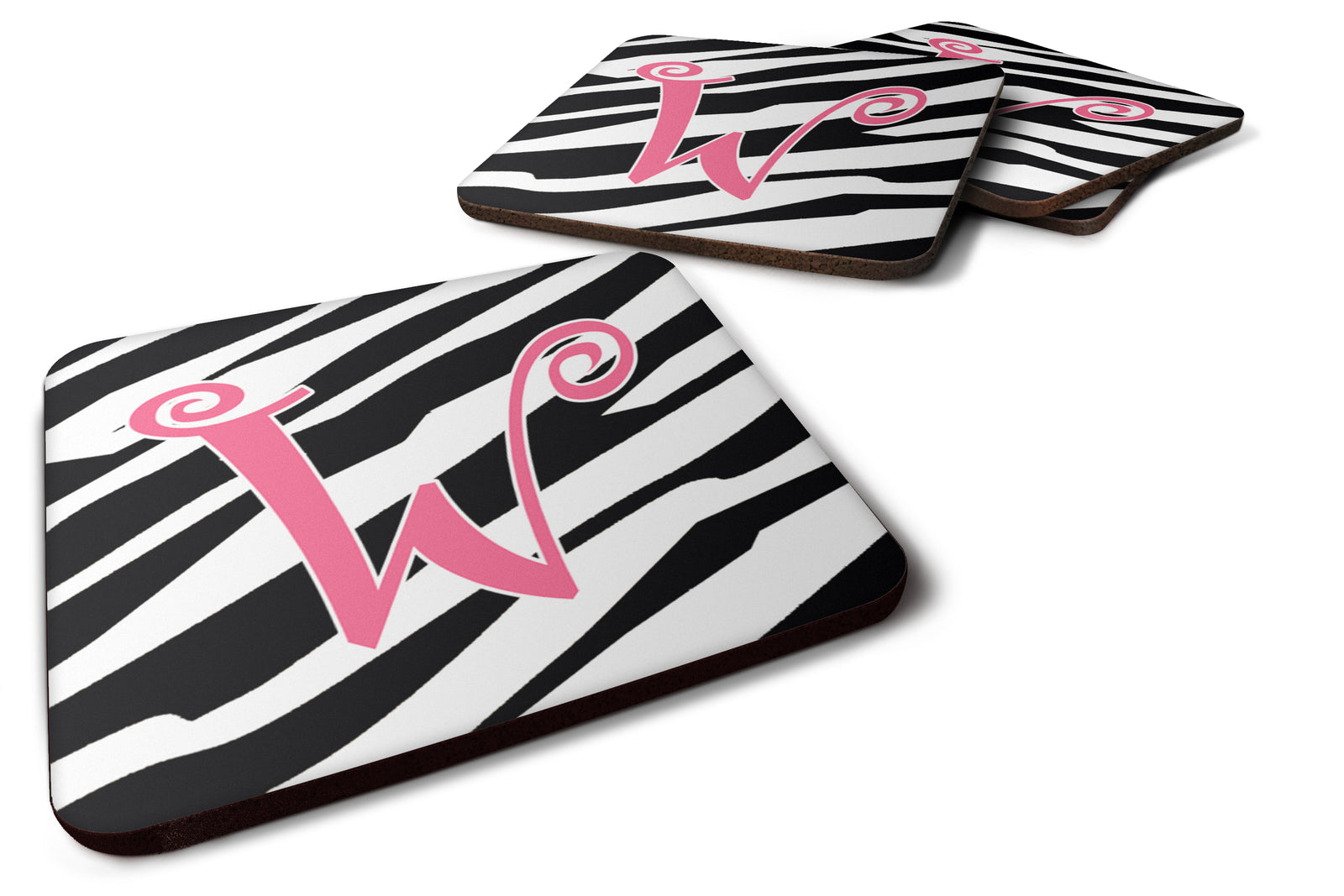 Set of 4 Monogram - Zebra Stripe and Pink Foam Coasters Initial Letter W - the-store.com