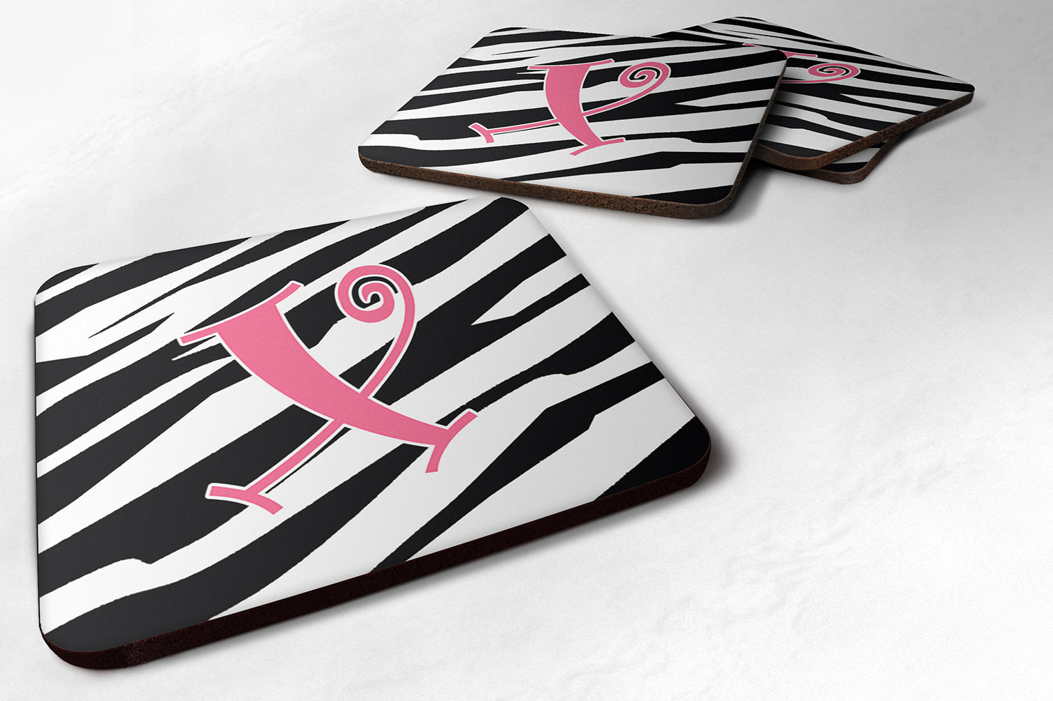 Set of 4 Monogram - Zebra Stripe and Pink Foam Coasters Initial Letter X - the-store.com