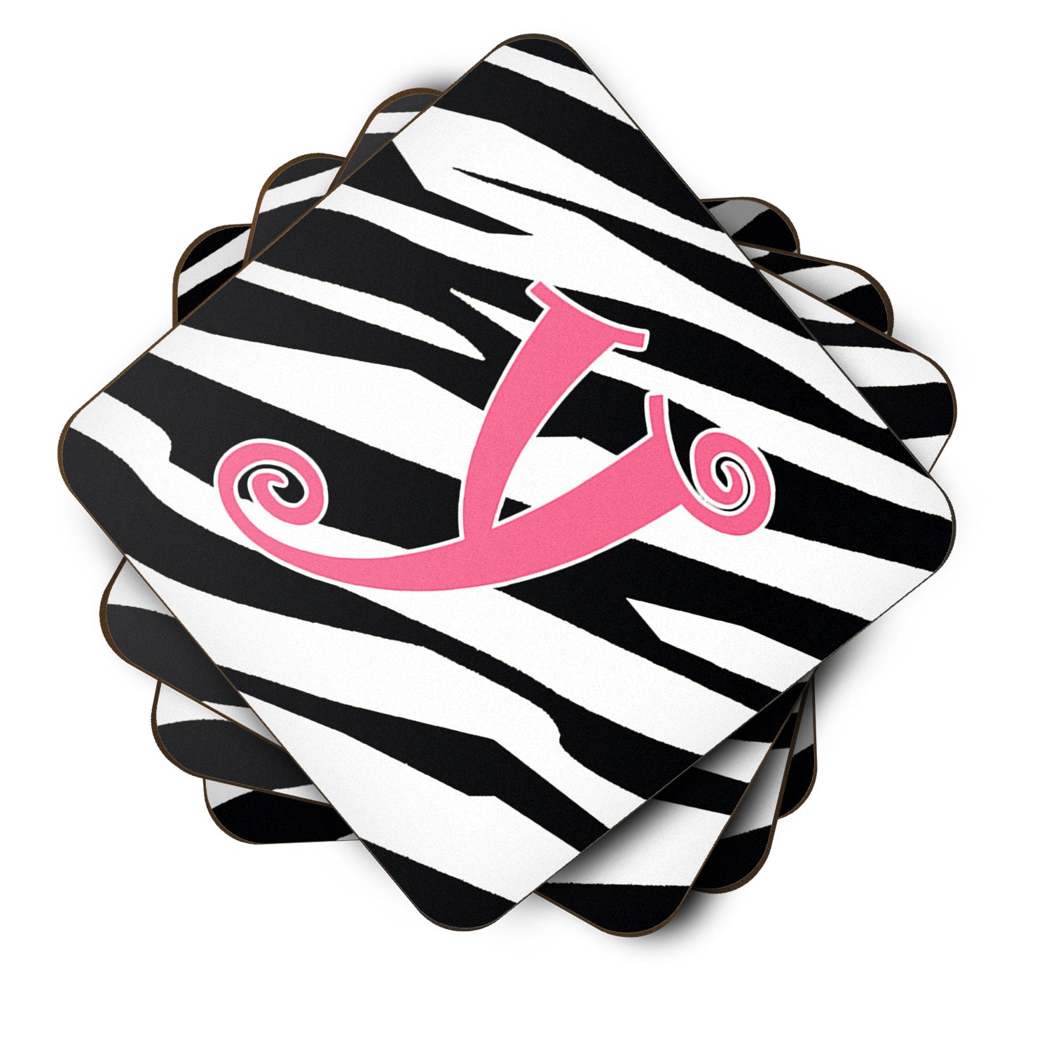 Set of 4 Monogram - Zebra Stripe and Pink Foam Coasters Initial Letter Y - the-store.com