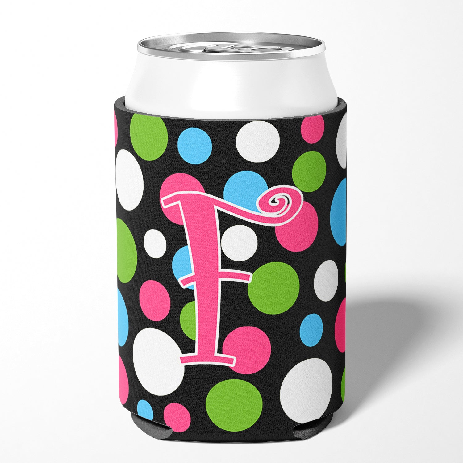 Letter F Initial Monogram - Polkadots and Pink Can or Bottle Beverage Insulator Hugger.