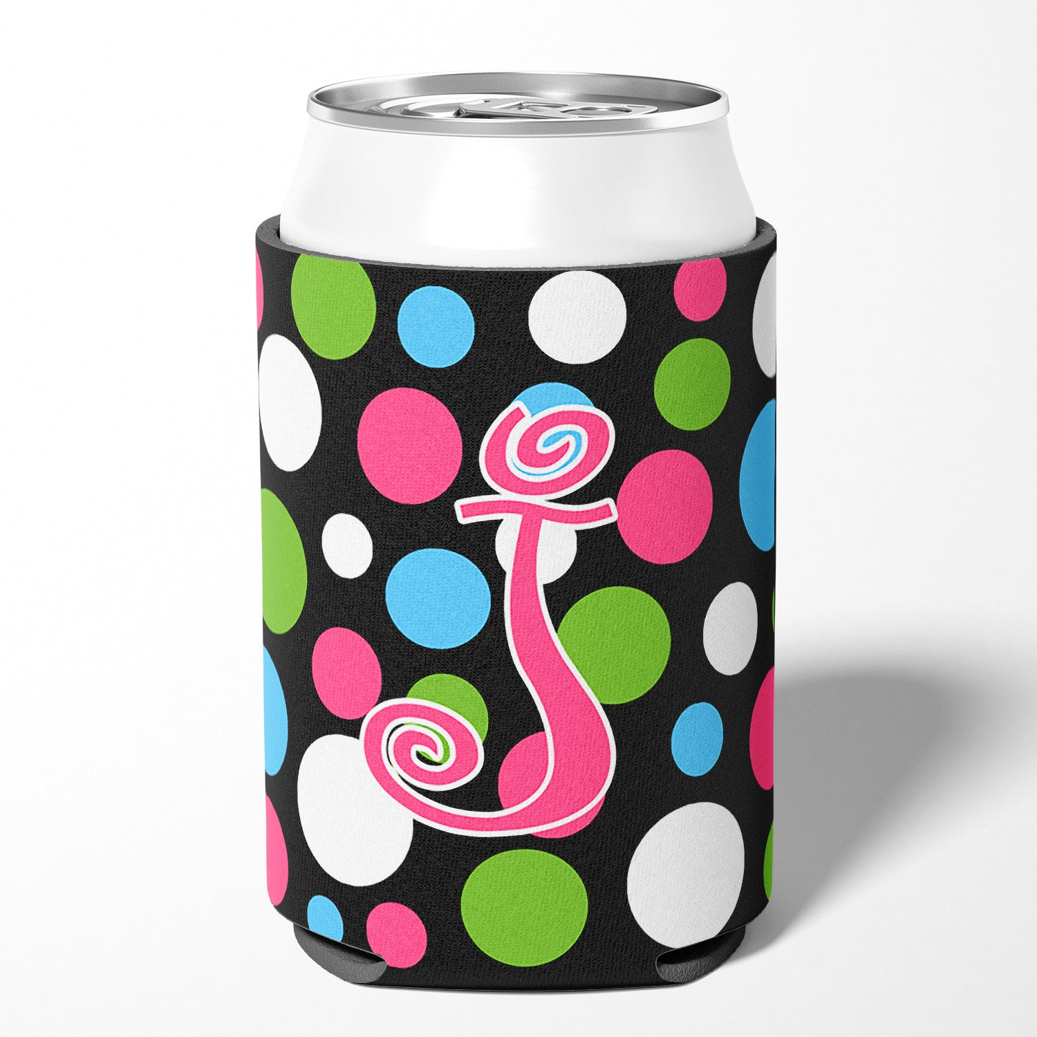 Letter J Initial Monogram - Polkadots and Pink Can or Bottle Beverage Insulator Hugger.