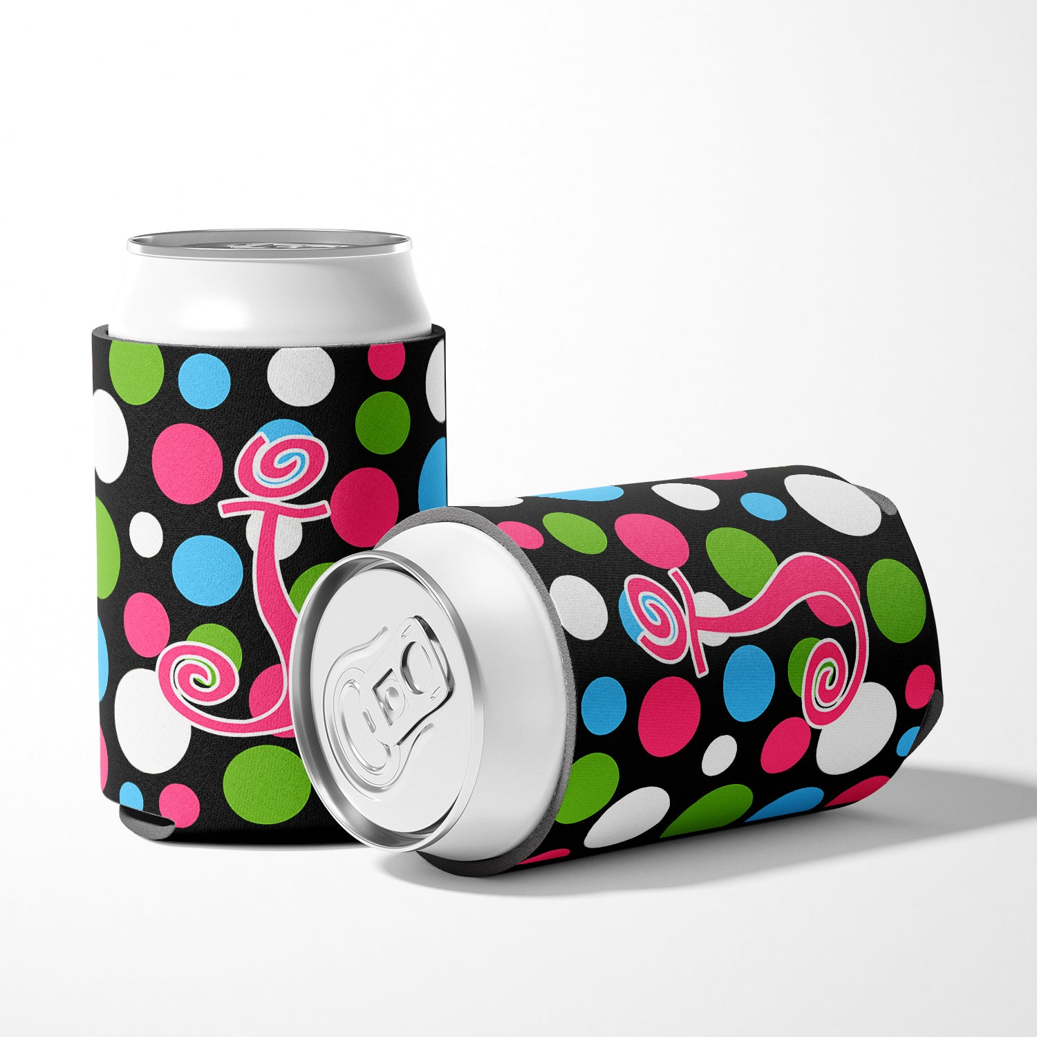 Letter J Initial Monogram - Polkadots and Pink Can or Bottle Beverage Insulator Hugger.