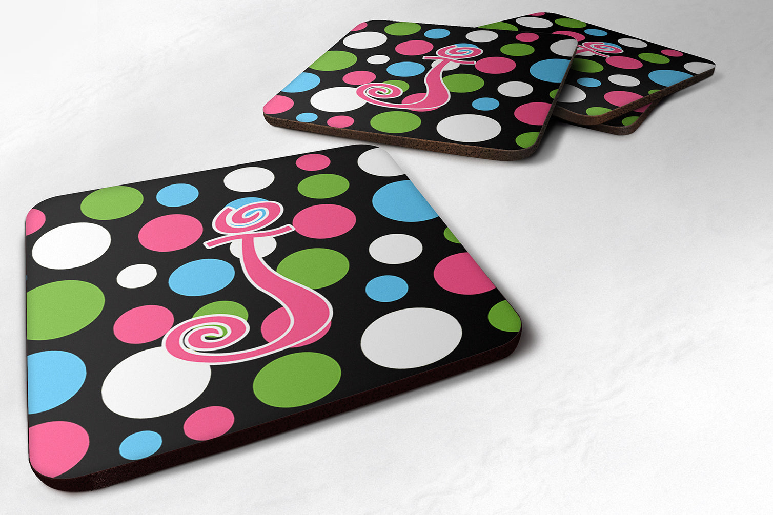 Set of 4 Monogram - Polkadots and Pink Foam Coasters Initial Letter J - the-store.com