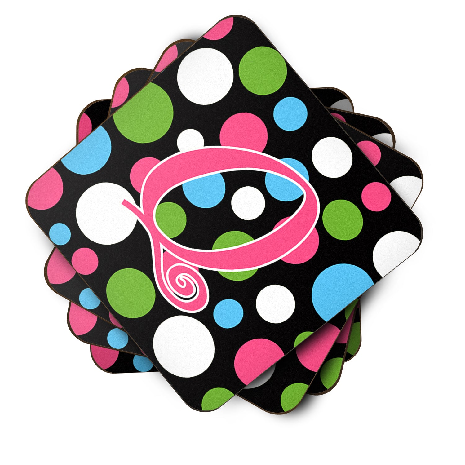 Set of 4 Monogram - Polkadots and Pink Foam Coasters Initial Letter Q - the-store.com