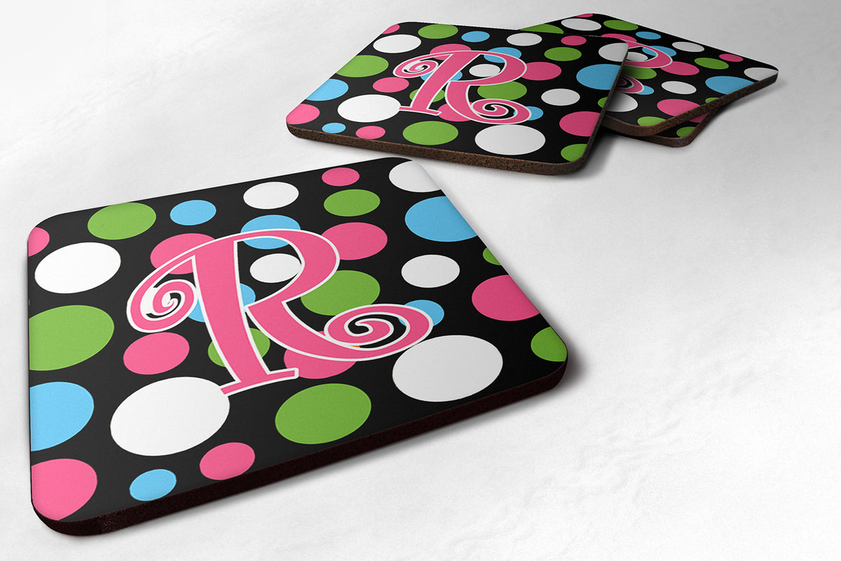 Set of 4 Monogram - Polkadots and Pink Foam Coasters Initial Letter R - the-store.com