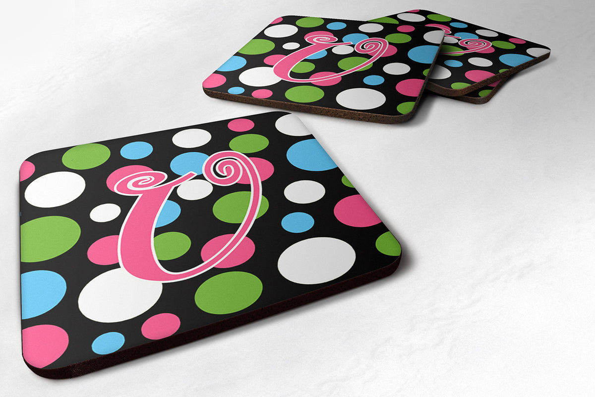 Set of 4 Monogram - Polkadots and Pink Foam Coasters Initial Letter U - the-store.com