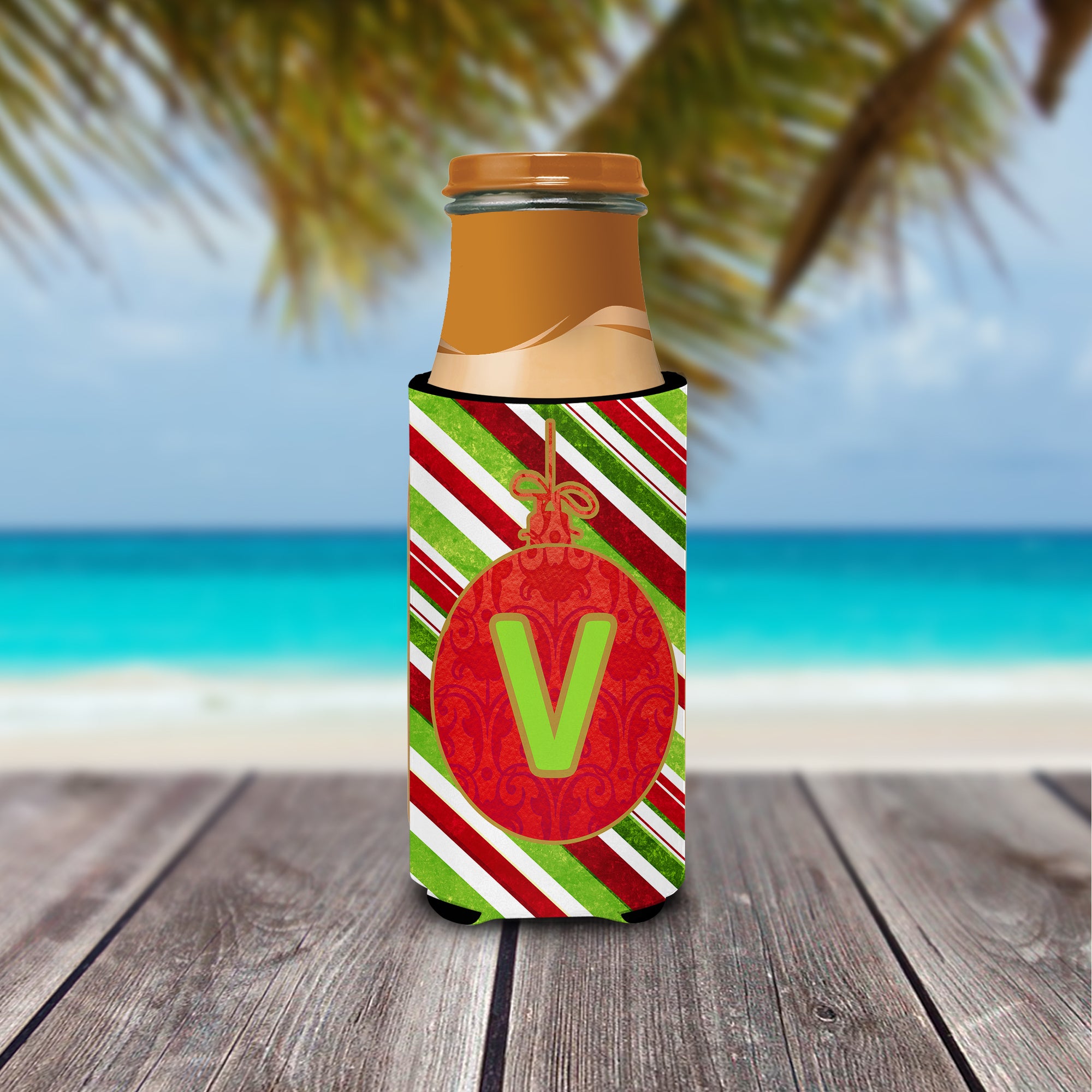 Christmas Oranment Holiday Monogram Initial  Letter V Ultra Beverage Insulators for slim cans CJ1039-VMUK.