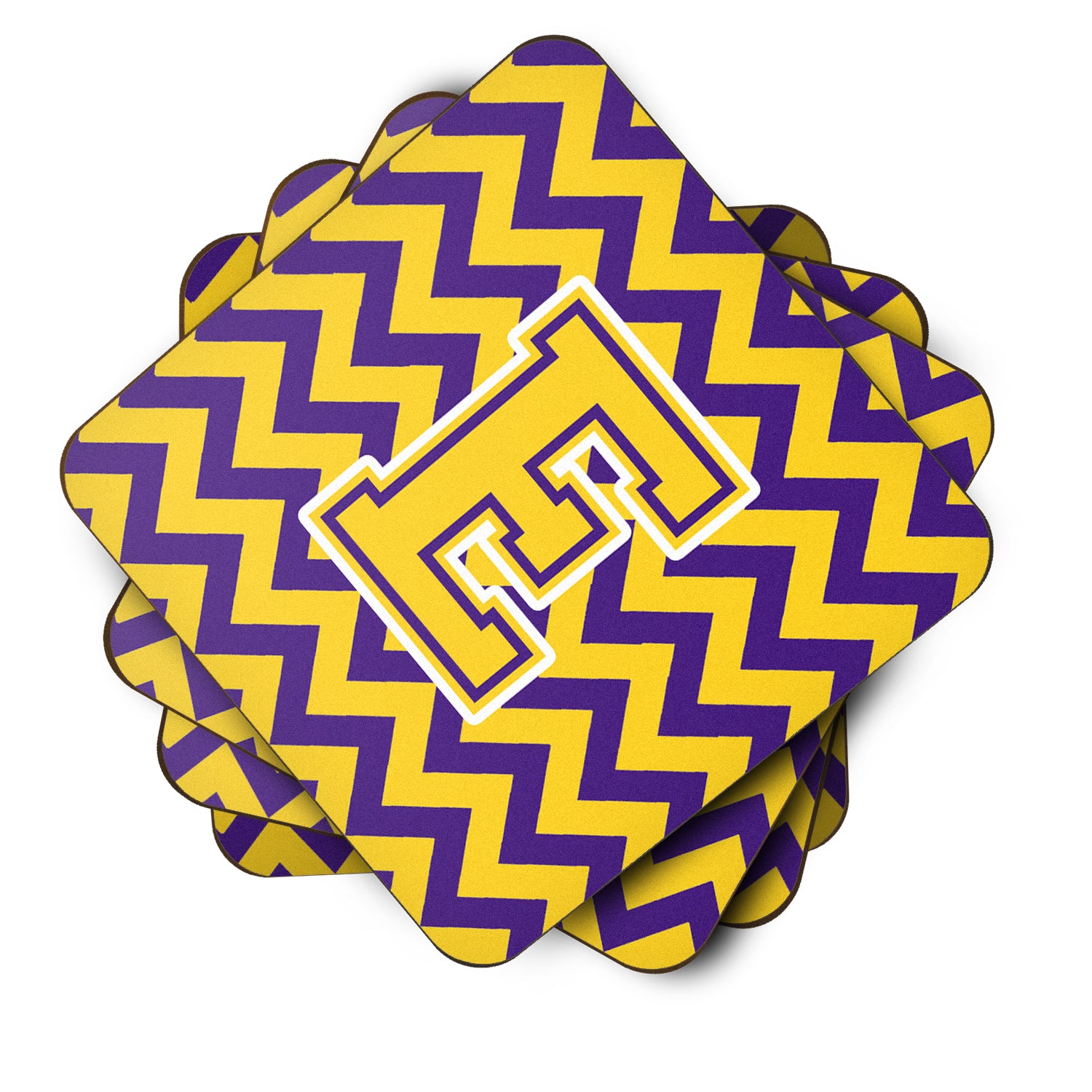 Letter E Chevron Purple and Gold Foam Coaster Set of 4 CJ1041-EFC - the-store.com