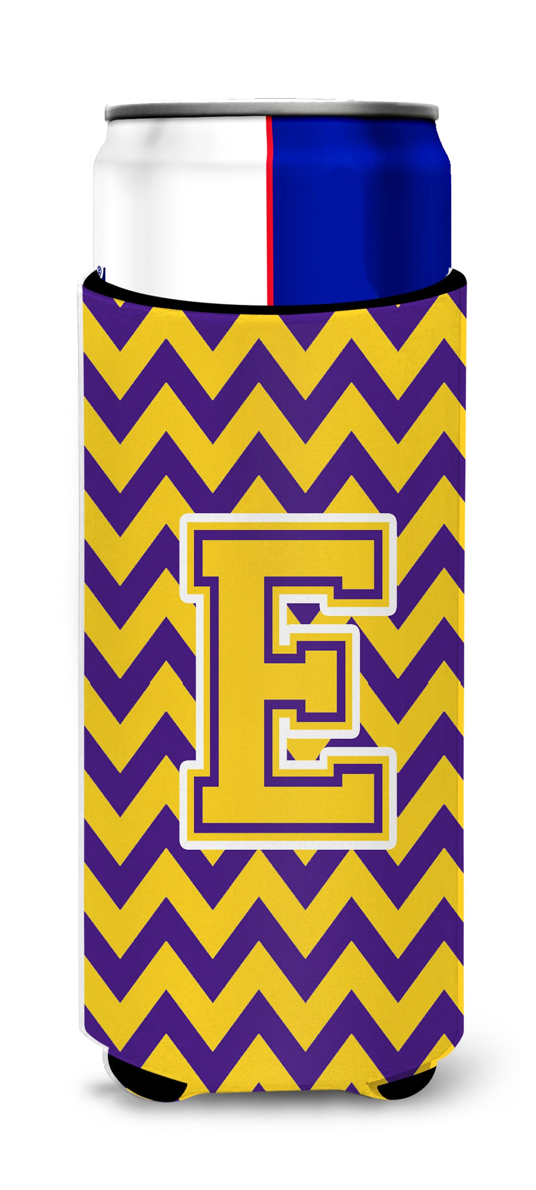 Letter E Chevron Purple and Gold Ultra Beverage Insulators for slim cans CJ1041-EMUK.