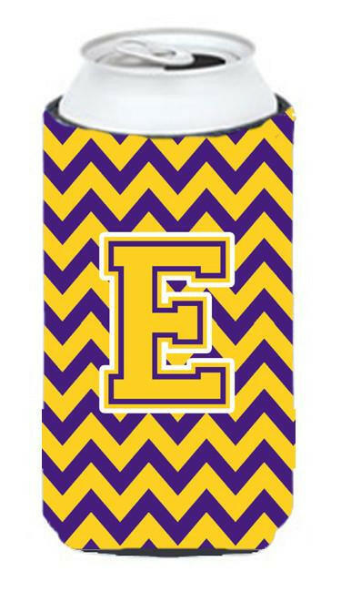 Letter E Chevron Purple and Gold Tall Boy Beverage Insulator Hugger CJ1041-ETBC by Caroline's Treasures