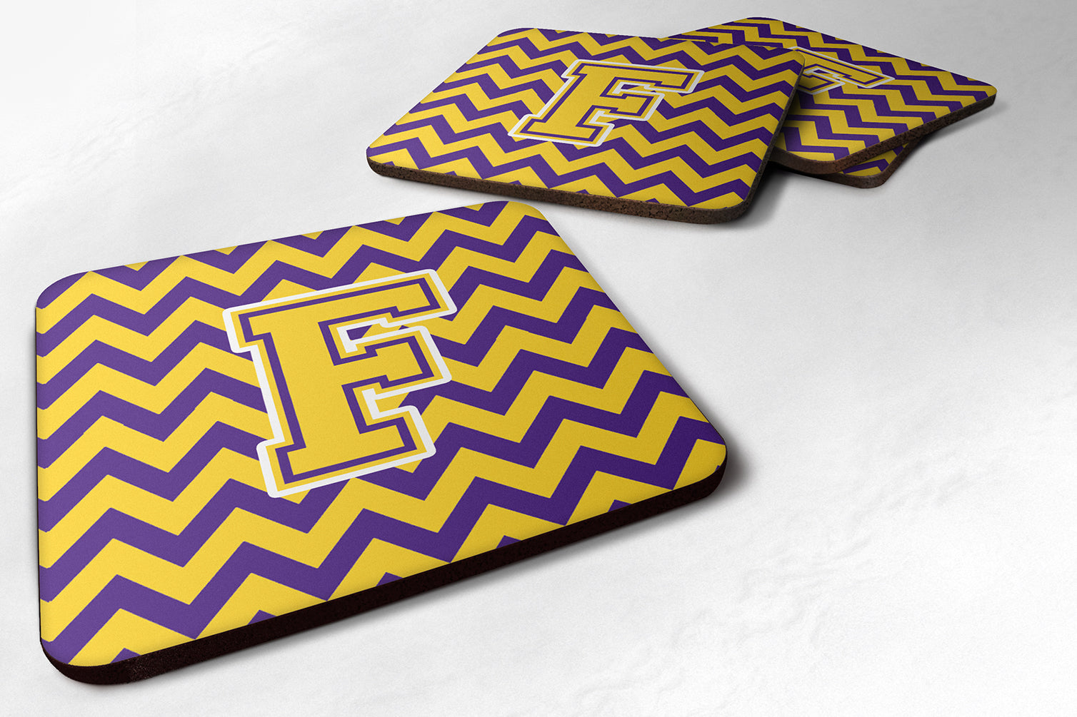 Letter F Chevron Purple and Gold Foam Coaster Set of 4 CJ1041-FFC - the-store.com