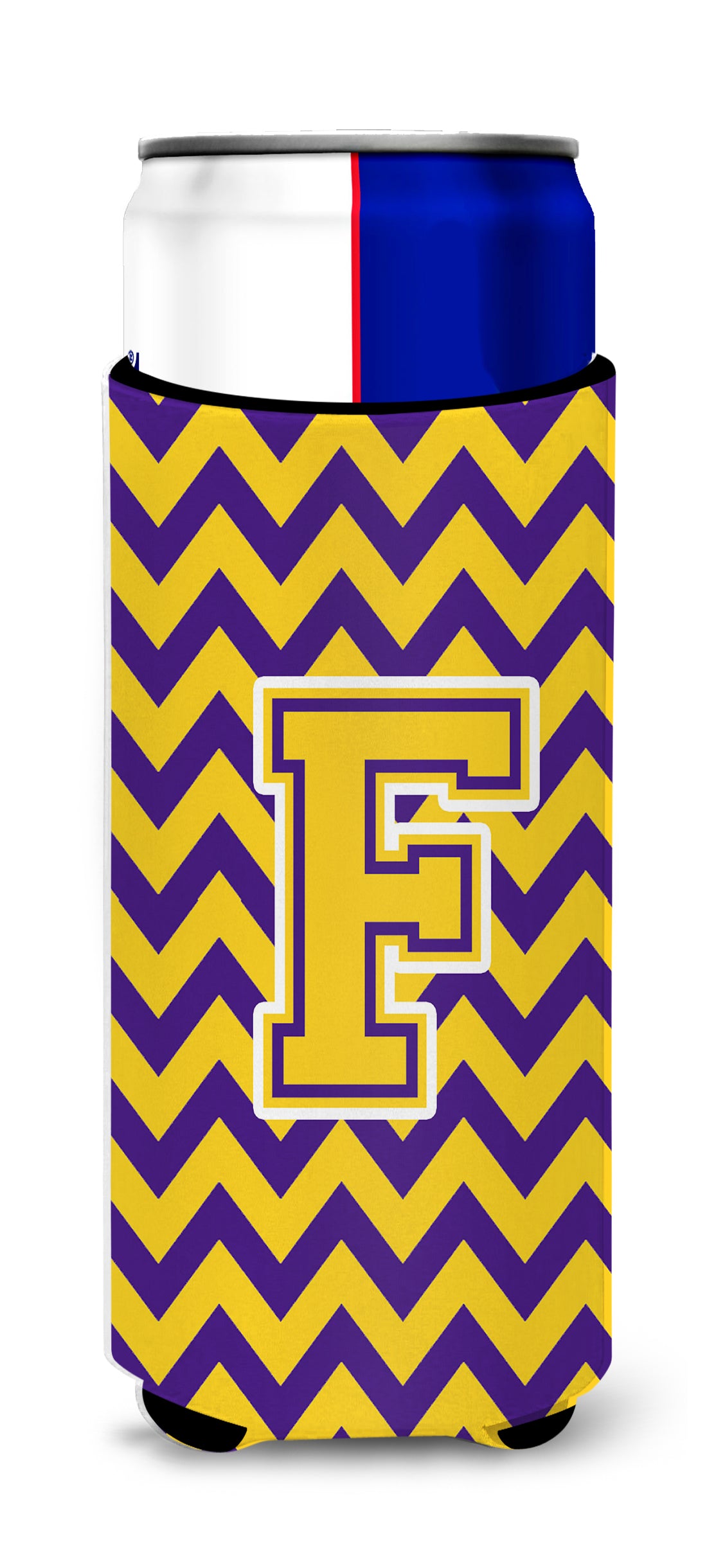 Letter F Chevron Purple and Gold Ultra Beverage Insulators for slim cans CJ1041-FMUK.