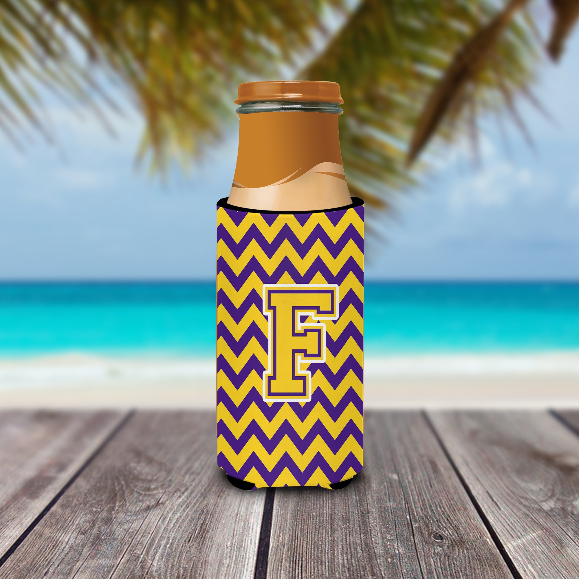 Letter F Chevron Purple and Gold Ultra Beverage Insulators for slim cans CJ1041-FMUK.