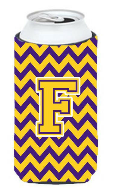 Letter F Chevron Purple and Gold Tall Boy Beverage Insulator Hugger CJ1041-FTBC by Caroline's Treasures