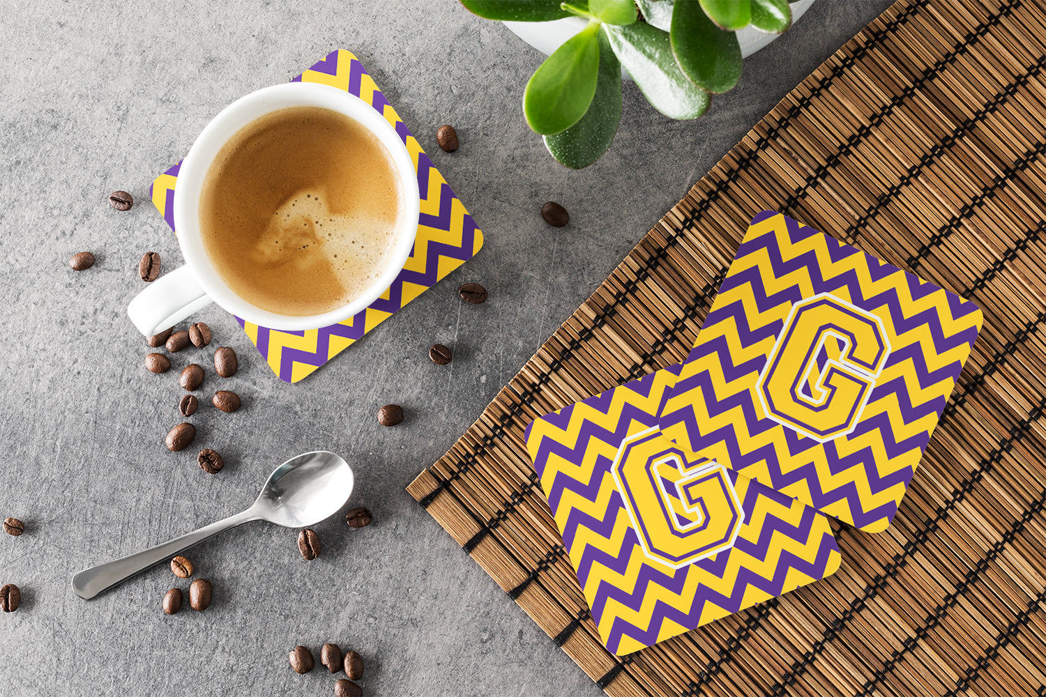 Letter G Chevron Purple and Gold Foam Coaster Set of 4 CJ1041-GFC - the-store.com