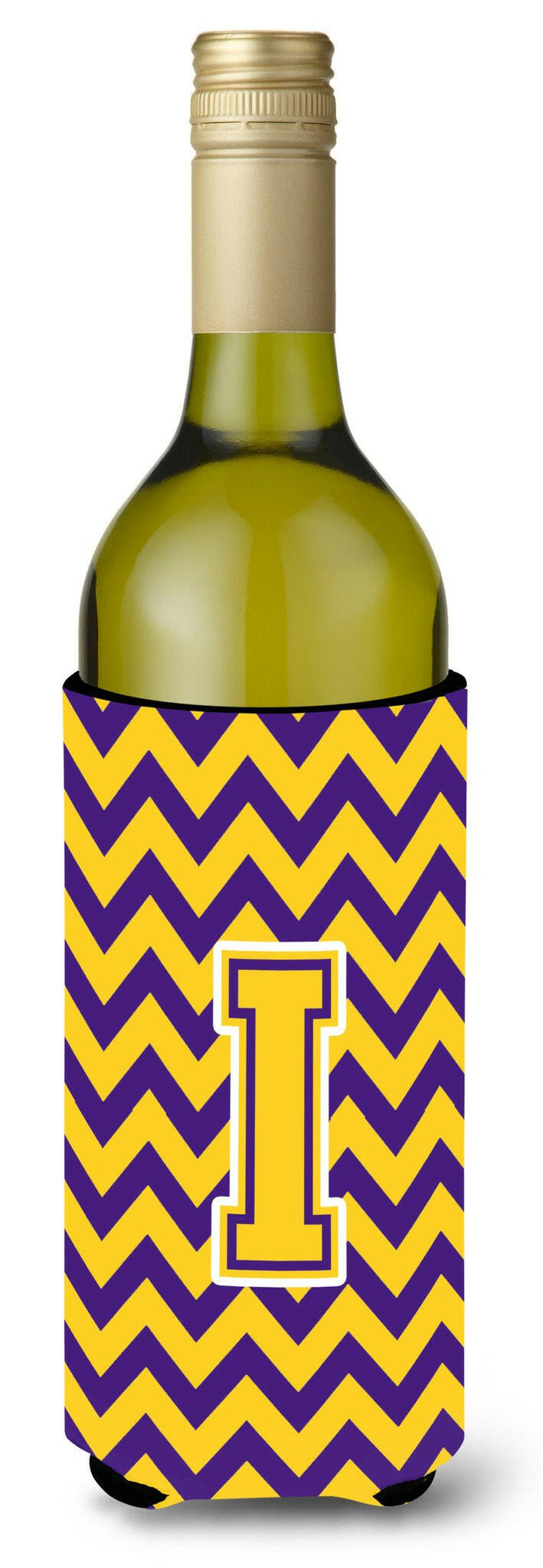 Letter I Chevron Purple and Gold Wine Bottle Beverage Insulator Hugger CJ1041-ILITERK by Caroline's Treasures