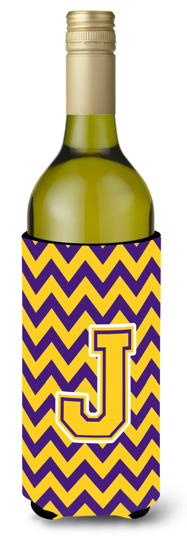 Letter J Chevron Purple and Gold Wine Bottle Beverage Insulator Hugger CJ1041-JLITERK by Caroline&#39;s Treasures