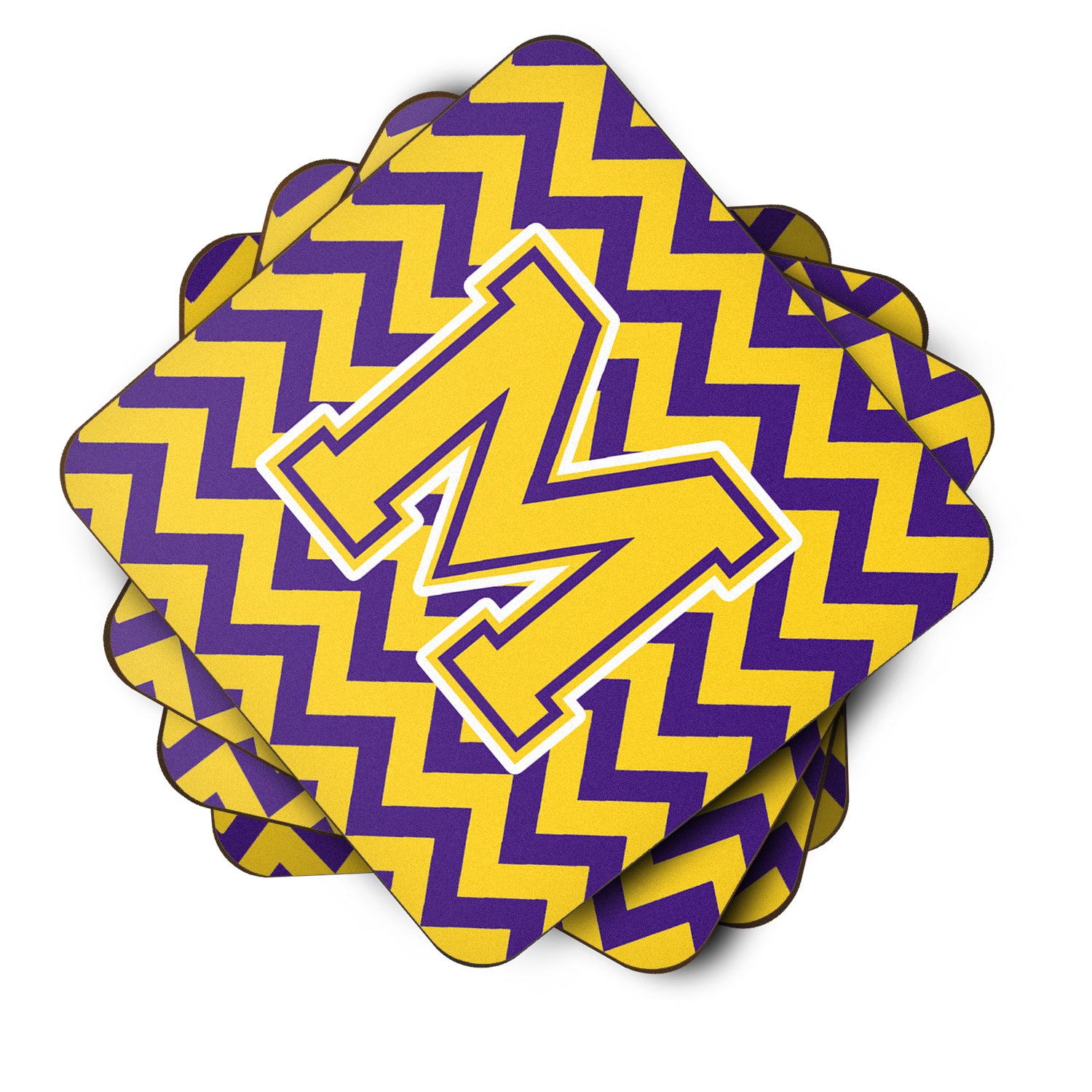 Letter M Chevron Purple and Gold Foam Coaster Set of 4 CJ1041-MFC - the-store.com