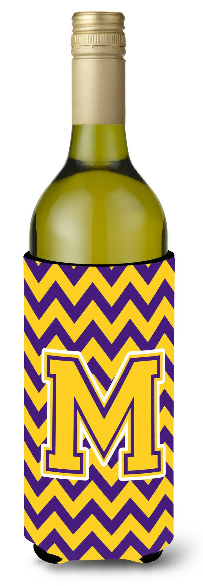 Letter M Chevron Purple and Gold Wine Bottle Beverage Insulator Hugger CJ1041-MLITERK by Caroline's Treasures