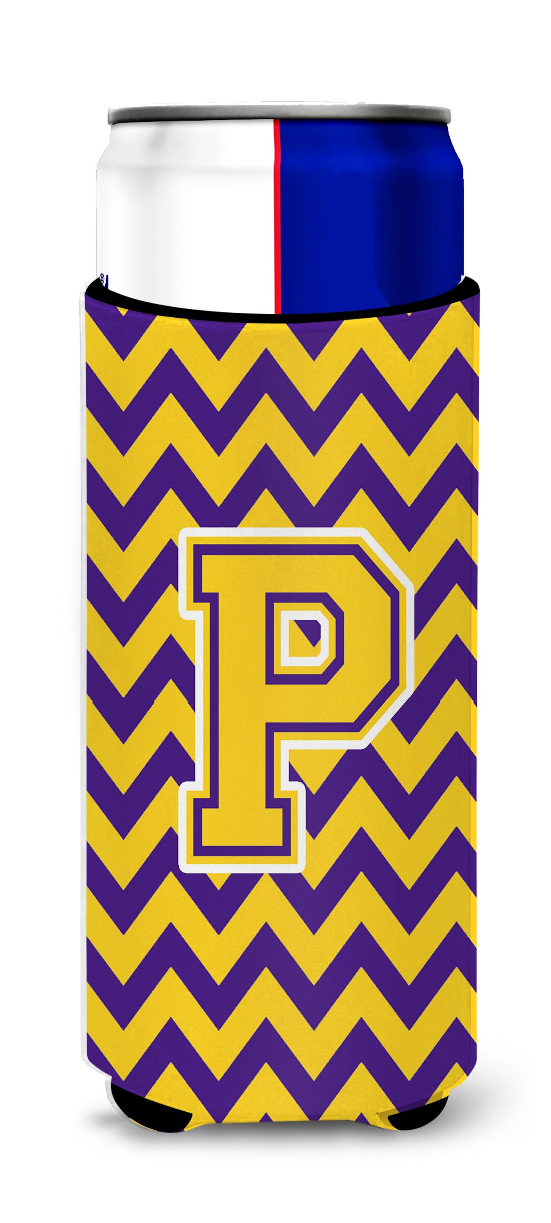 Letter P Chevron Purple and Gold Ultra Beverage Insulators for slim cans CJ1041-PMUK.