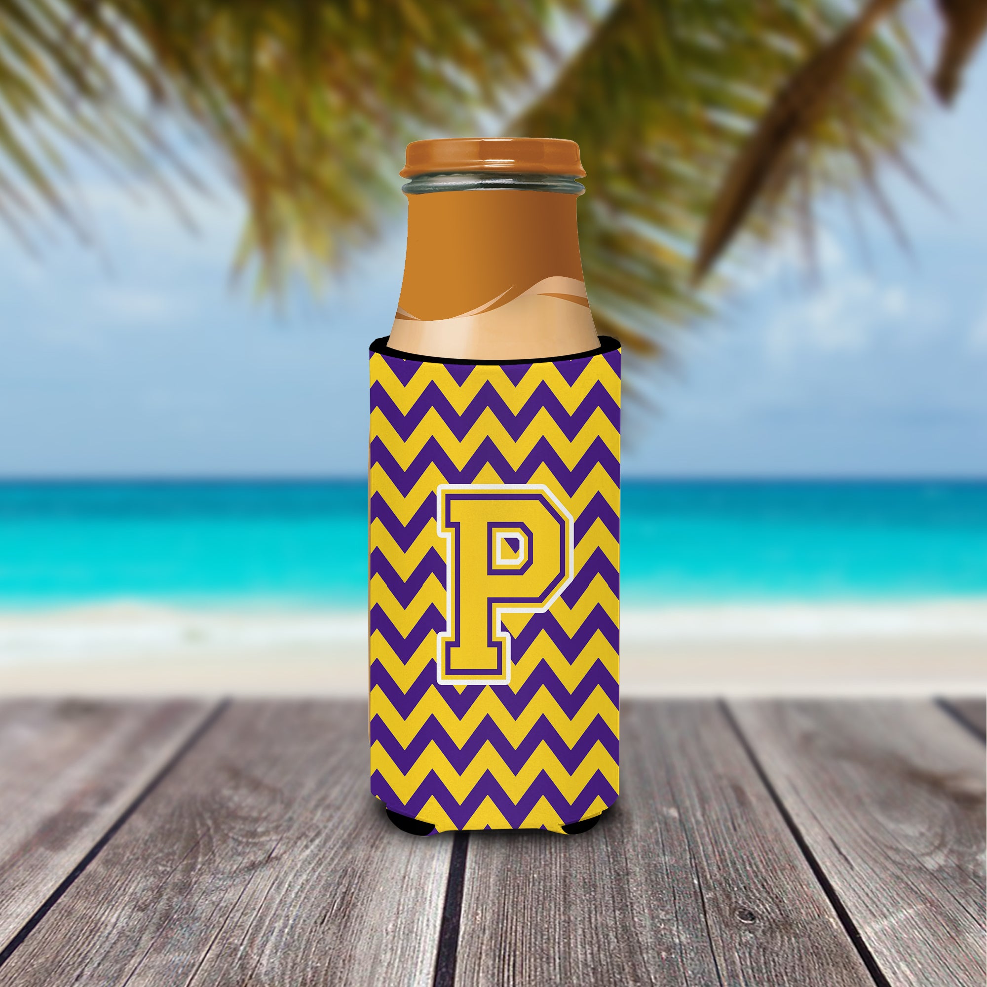 Letter P Chevron Purple and Gold Ultra Beverage Insulators for slim cans CJ1041-PMUK.