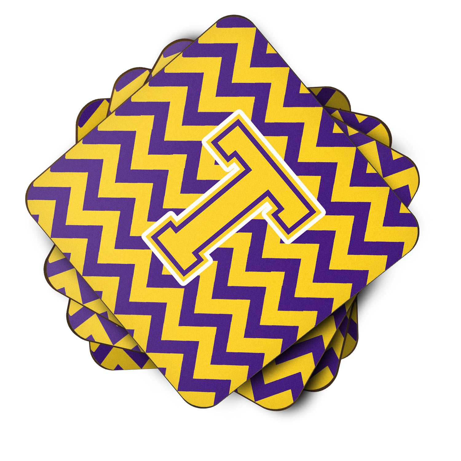 Letter T Chevron Purple and Gold Foam Coaster Set of 4 CJ1041-TFC - the-store.com