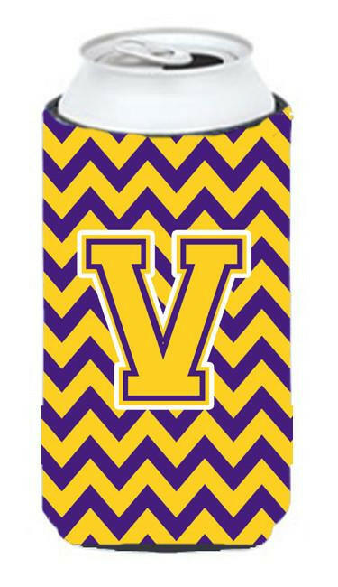 Letter V Chevron Purple and Gold Tall Boy Beverage Insulator Hugger CJ1041-VTBC by Caroline's Treasures