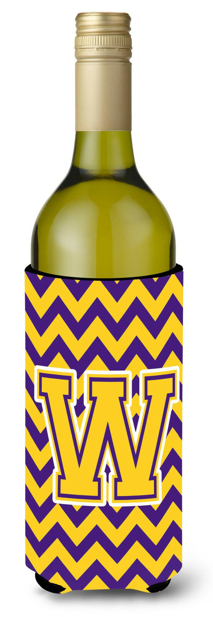 Letter W Chevron Purple and Gold Wine Bottle Beverage Insulator Hugger CJ1041-WLITERK by Caroline&#39;s Treasures
