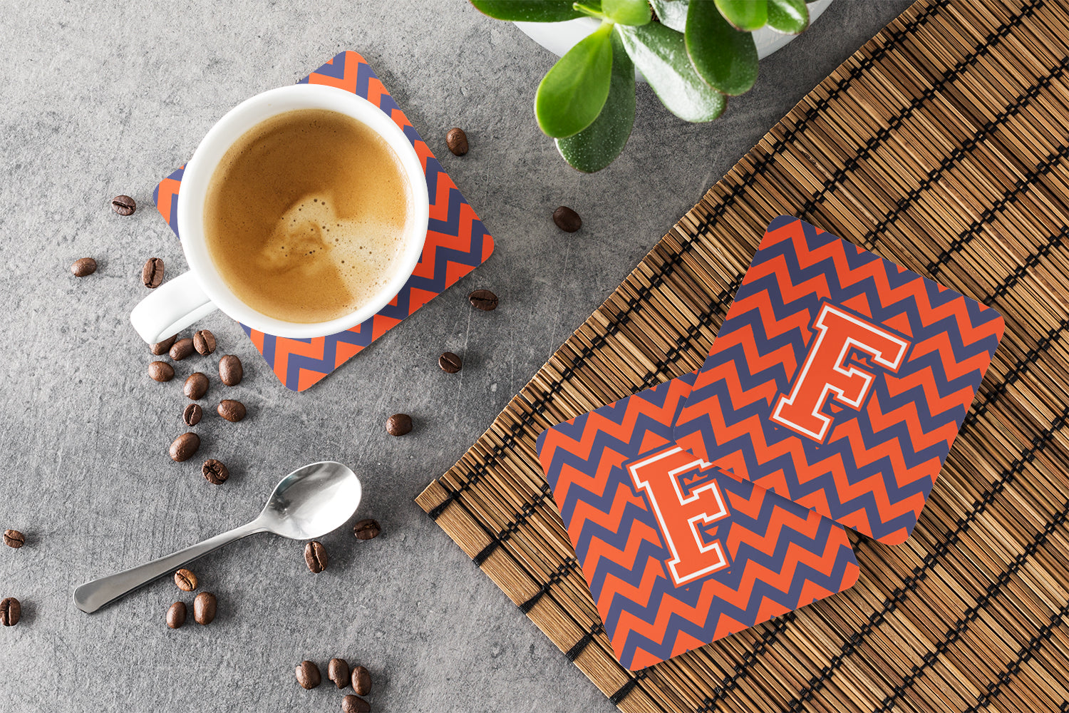 Letter F Chevron Orange and Blue Foam Coaster Set of 4 CJ1042-FFC - the-store.com