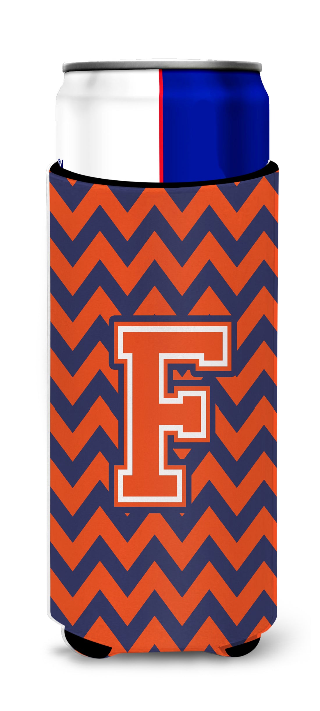 Letter F Chevron Orange Blue Ultra Beverage Insulators for slim cans CJ1042-FMUK.