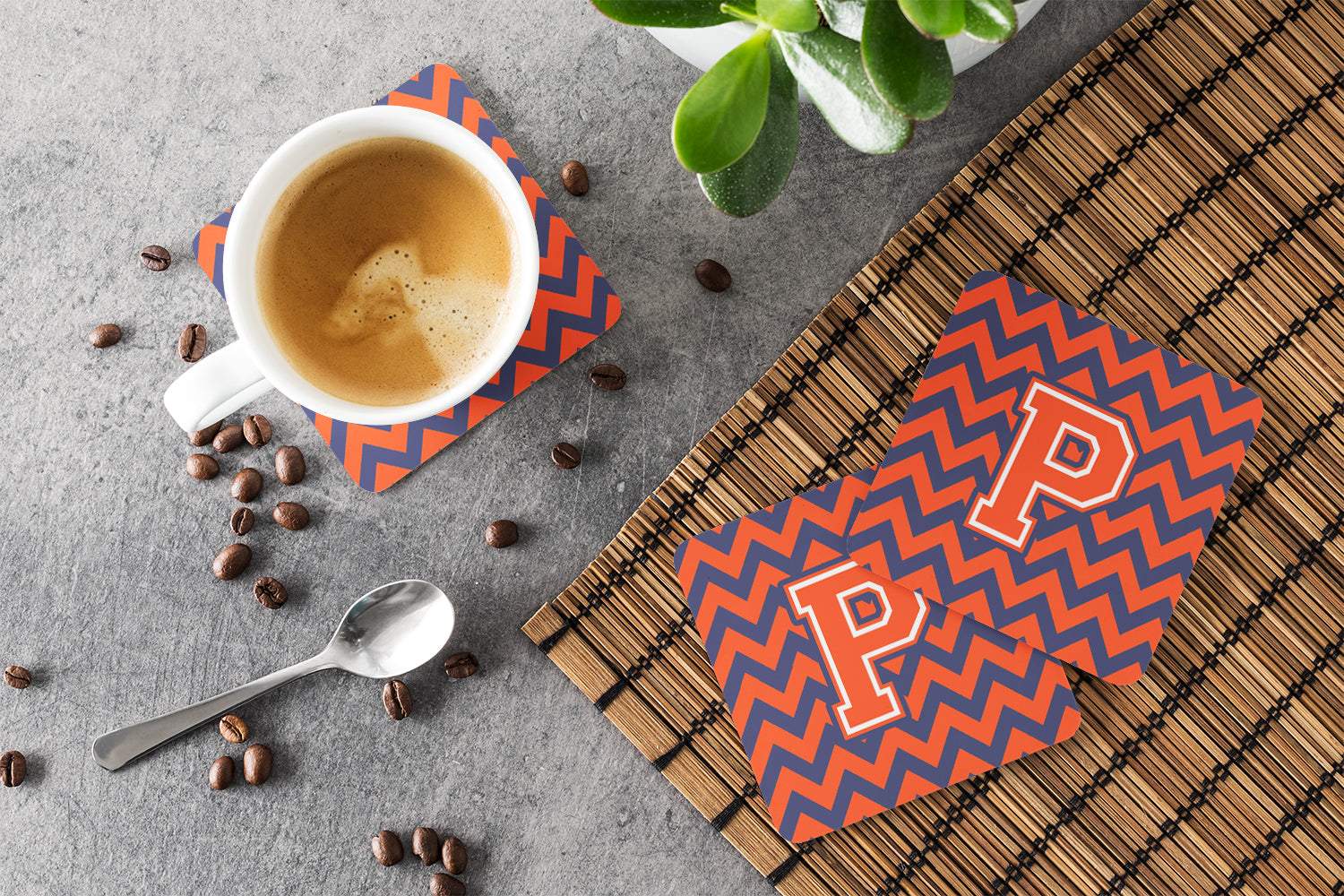 Letter P Chevron Orange and Blue Foam Coaster Set of 4 CJ1042-PFC - the-store.com