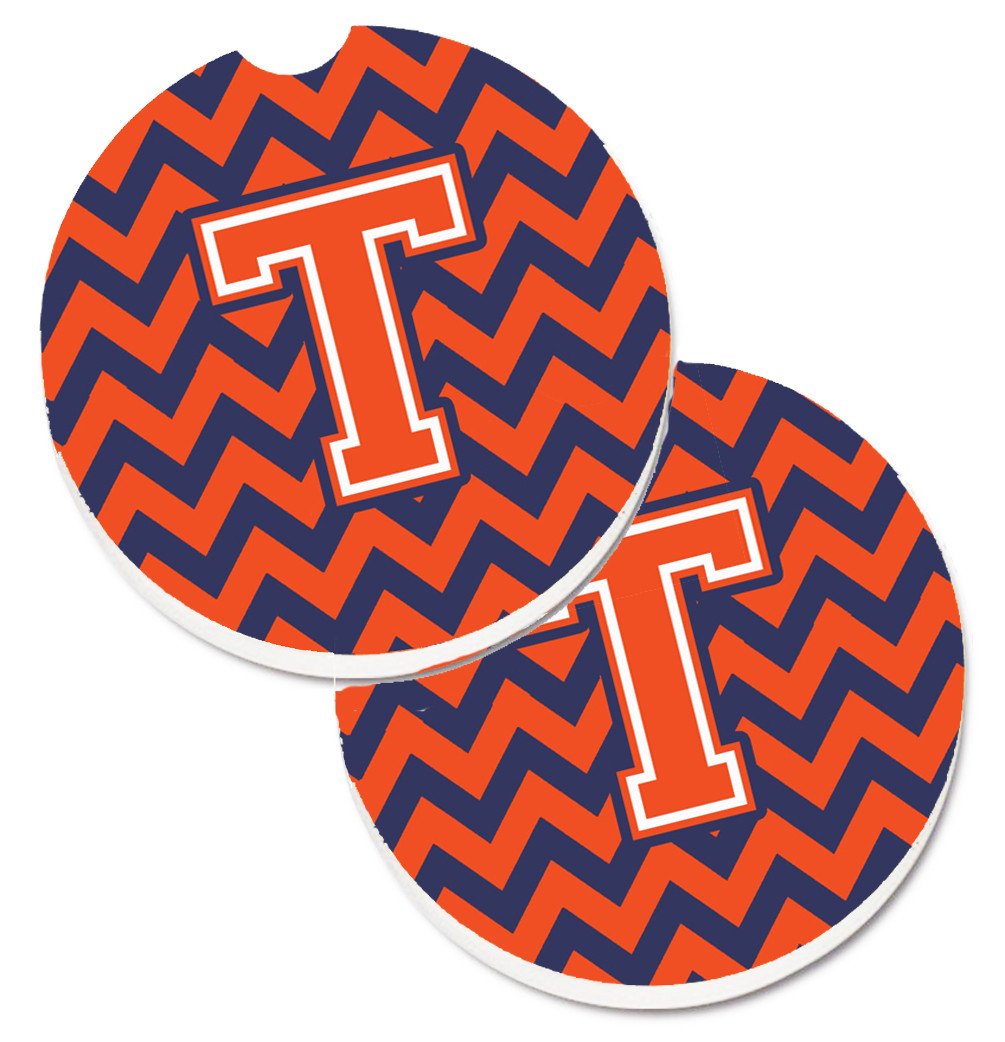 Letter T Chevron Orange and Blue Set of 2 Cup Holder Car Coasters CJ1042-TCARC by Caroline's Treasures