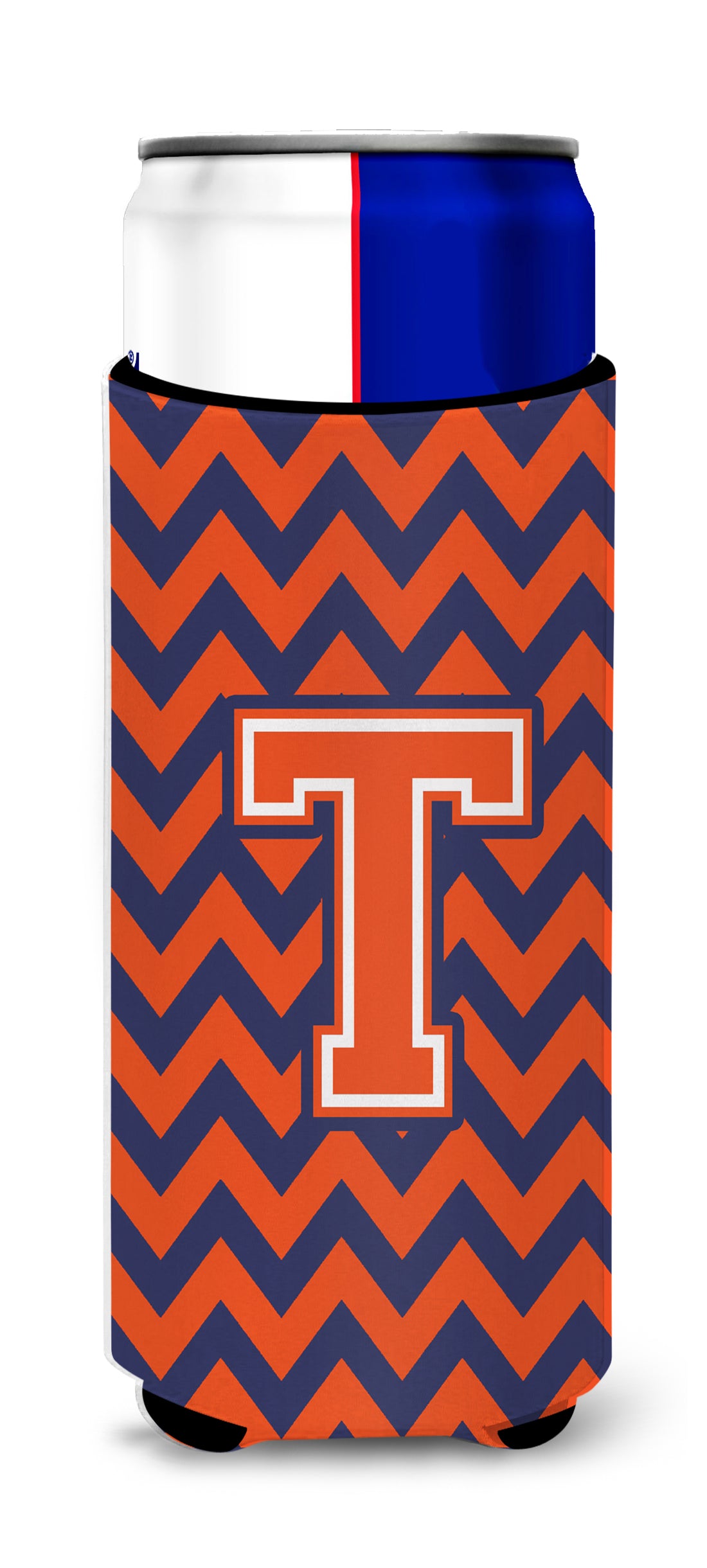 Letter T Chevron Orange Blue Ultra Beverage Insulators for slim cans CJ1042-TMUK.