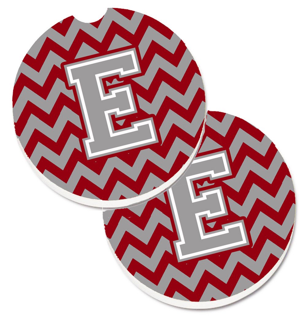 Letter E Chevron Crimson and Grey   Set of 2 Cup Holder Car Coasters CJ1043-ECARC by Caroline's Treasures