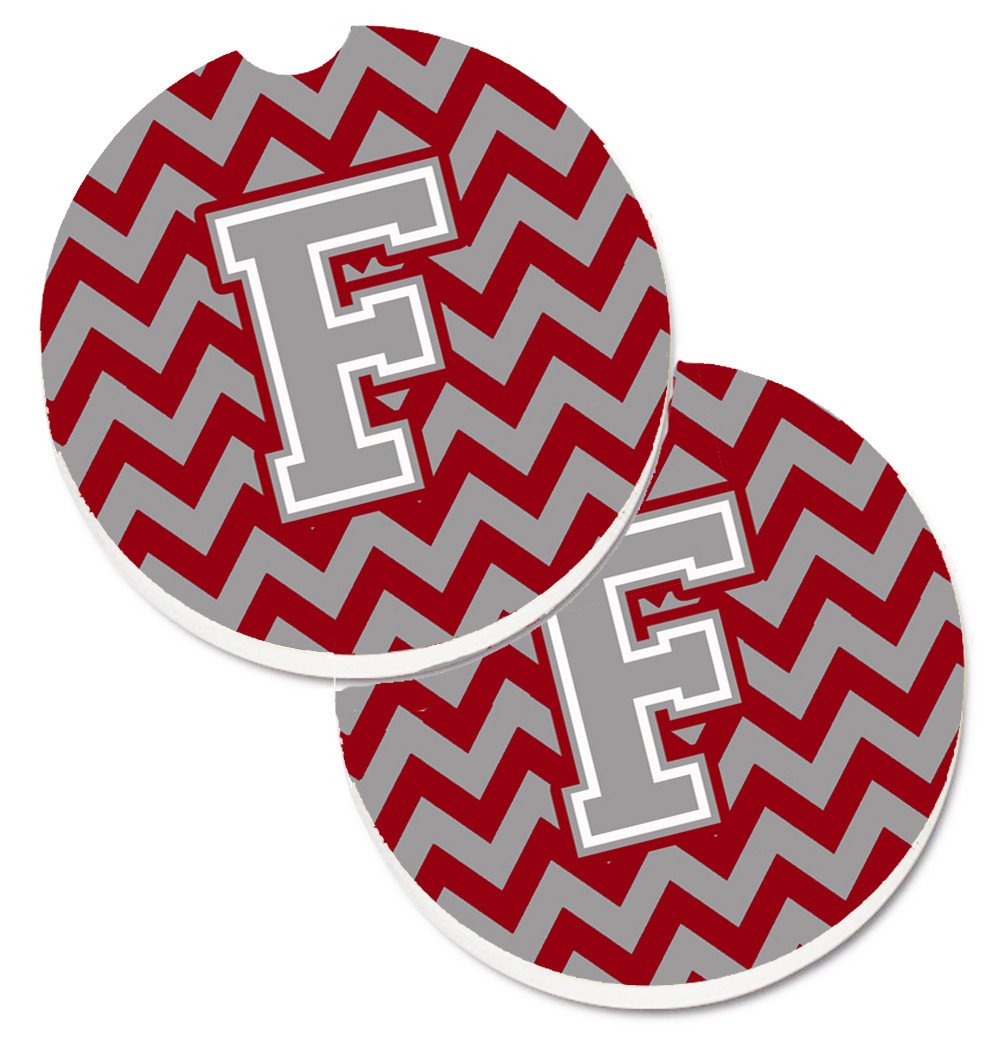 Letter F Chevron Crimson and Grey   Set of 2 Cup Holder Car Coasters CJ1043-FCARC by Caroline's Treasures