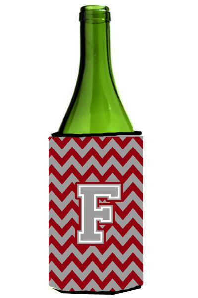 Letter F Chevron Crimson and Grey   Wine Bottle Beverage Insulator Hugger CJ1043-FLITERK by Caroline's Treasures