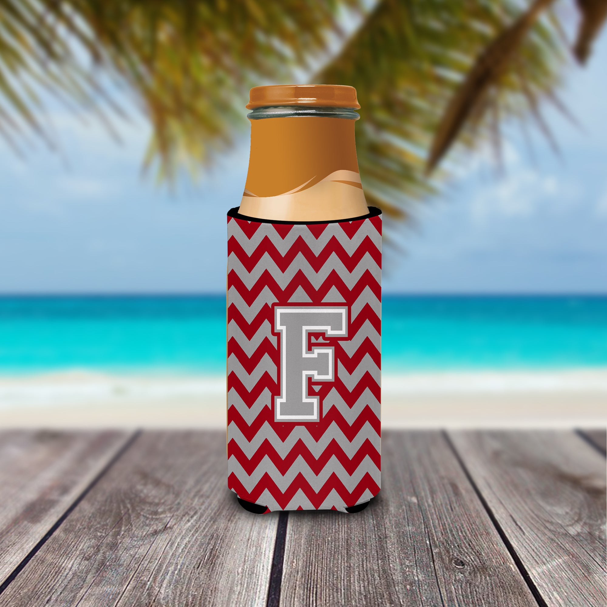 Letter F Chevron Crimson and Grey   Ultra Beverage Insulators for slim cans CJ1043-FMUK.