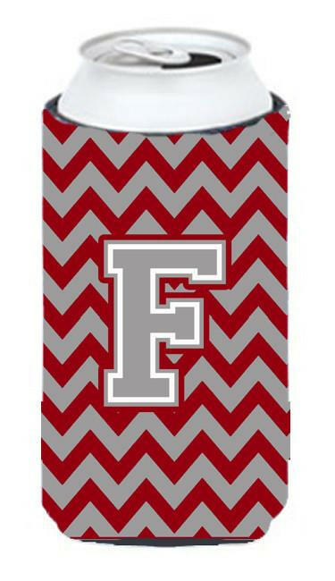 Letter F Chevron Crimson and Grey   Tall Boy Beverage Insulator Hugger CJ1043-FTBC by Caroline's Treasures