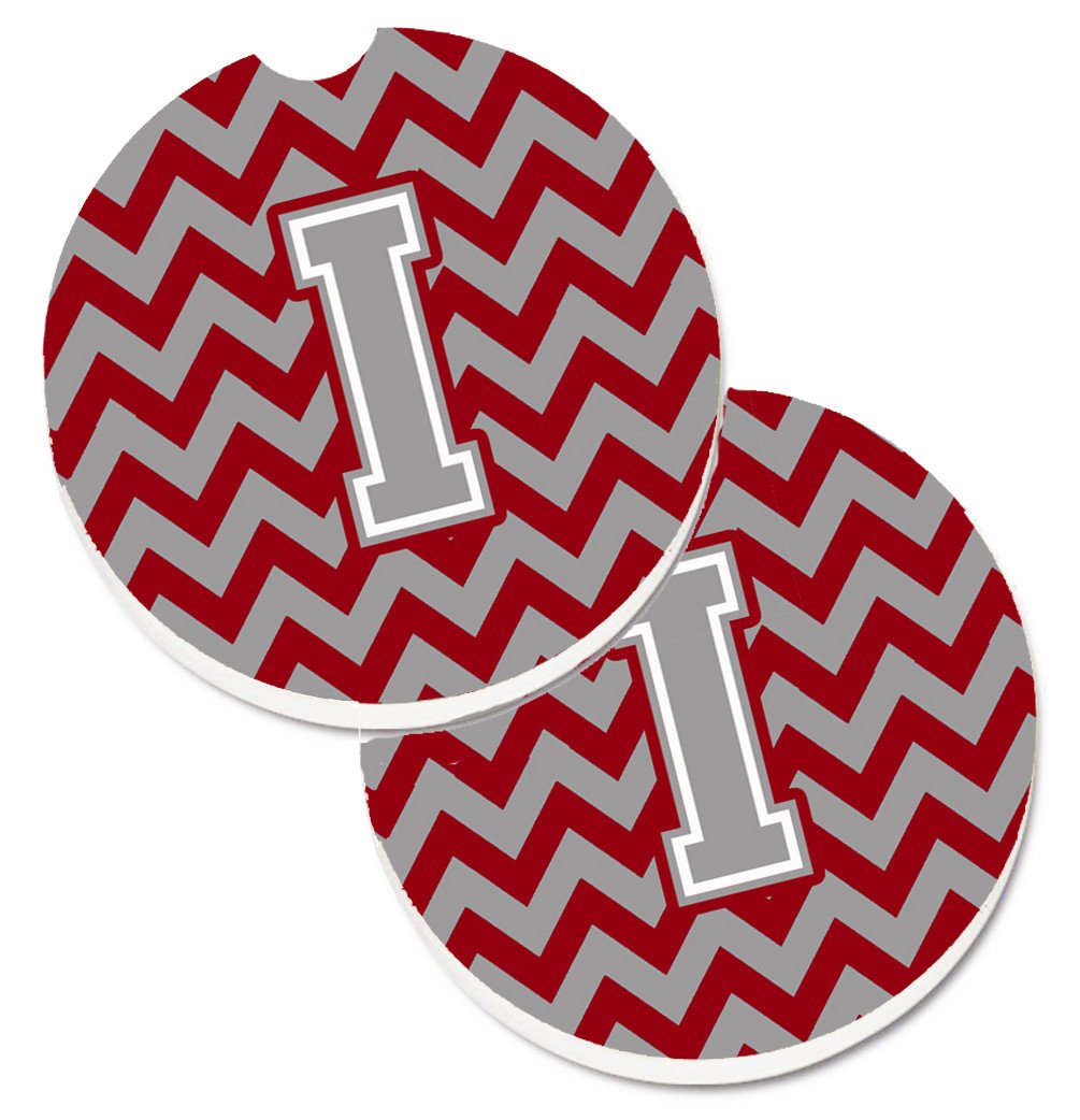 Letter I Chevron Crimson and Grey   Set of 2 Cup Holder Car Coasters CJ1043-ICARC by Caroline's Treasures